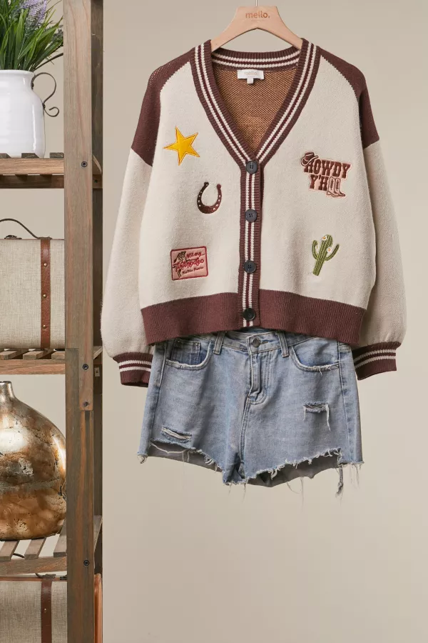 wholesale clothing western patch motif knit cardigan mello