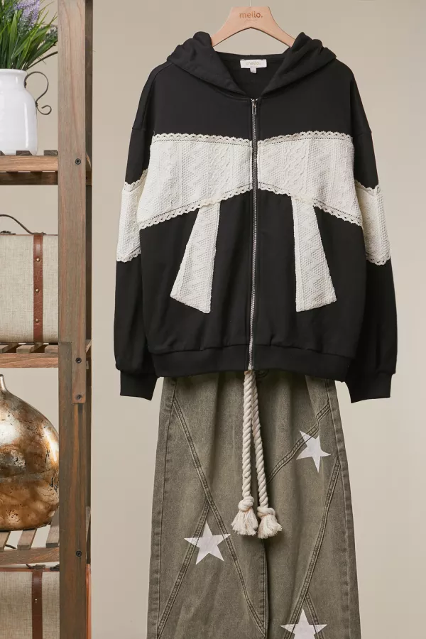 wholesale clothing colorblock zip-up hoodie with lace panel detail mello