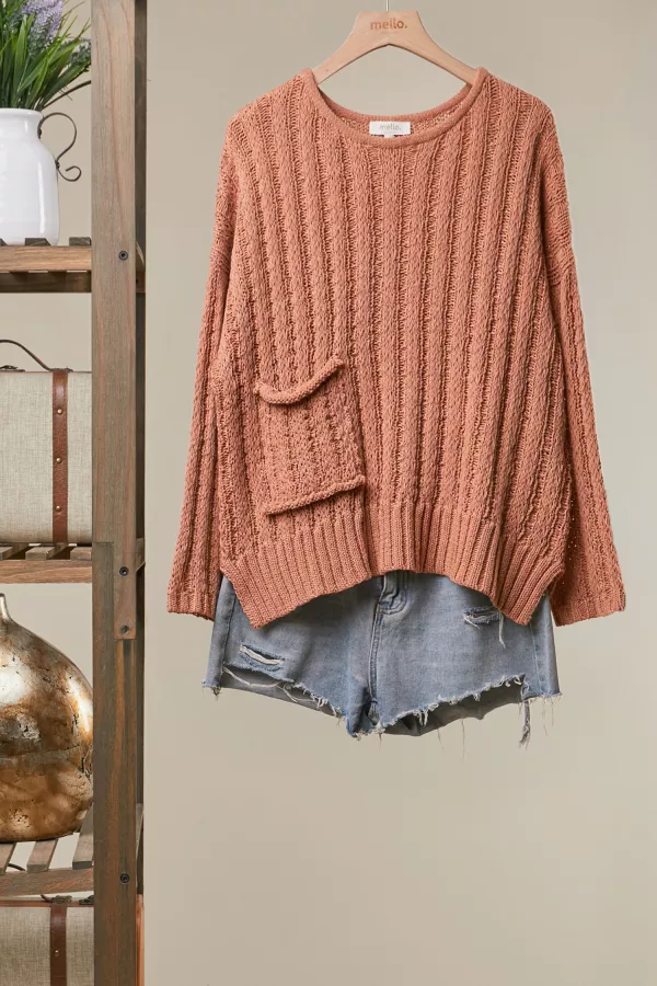 wholesale clothing relaxed fit rib knit pocket sweater mello