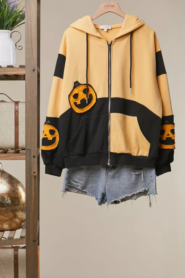 wholesale clothing colorblock pumpkin graphic zip-up hoodie mello