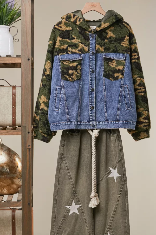 wholesale clothing camo hoodie with denim bustier overlay mello