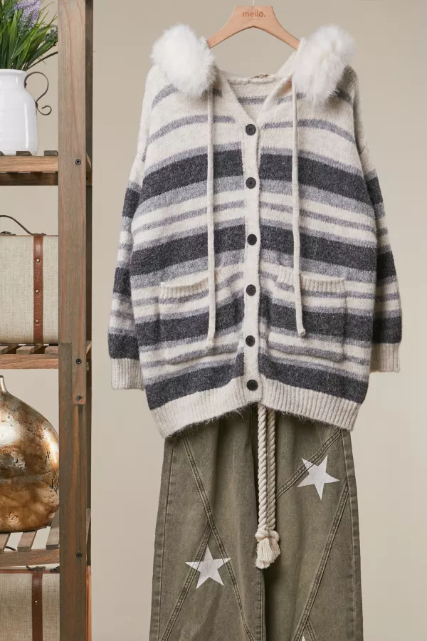 wholesale clothing striped cardigan with soft faux fur hood mello
