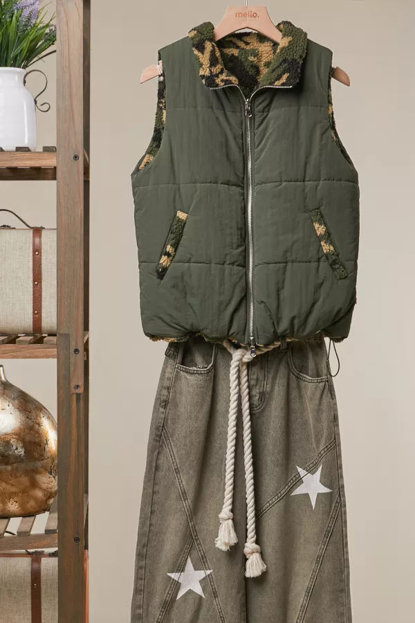 wholesale clothing reversible lined puffer vest with zip front mello