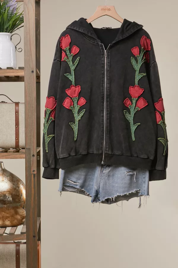 wholesale clothing floral embroidered zip-up hoodie mello