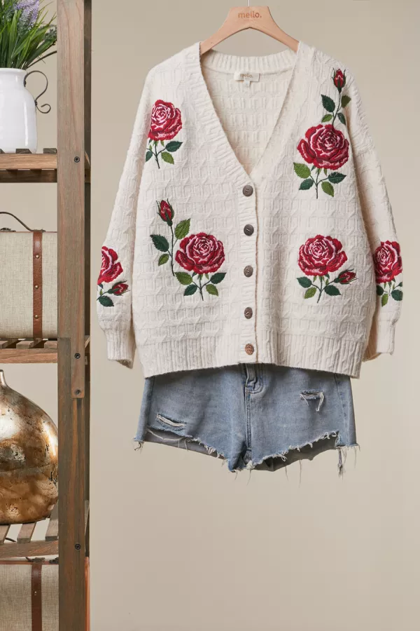 wholesale clothing elegant rose embroidered v neck cardigan mello