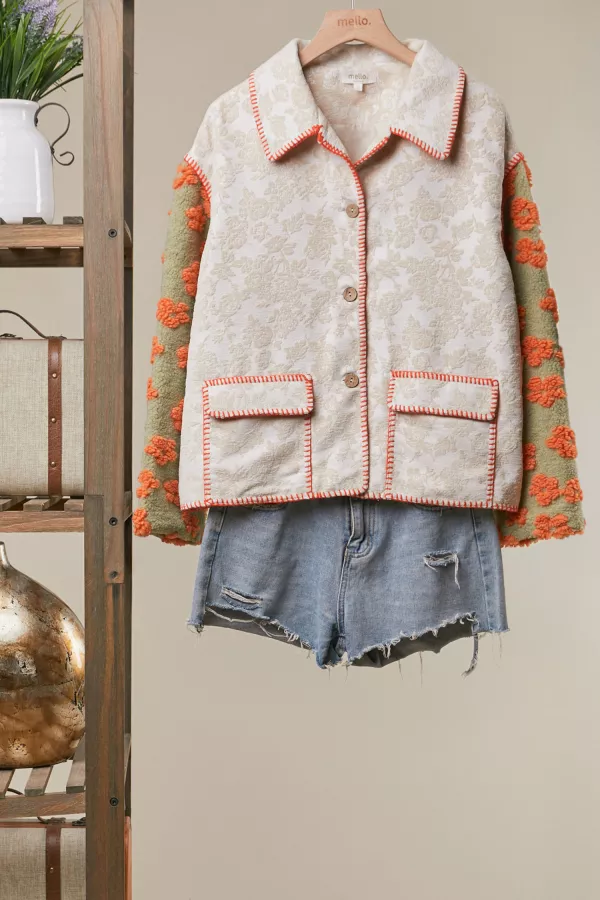 wholesale clothing mixed fabric floral sherpa sleeve jacket mello