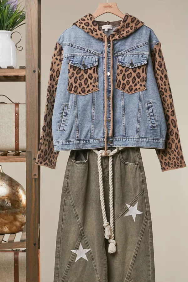 wholesale clothing denim vest with leopard print sleeves and hoodie mello