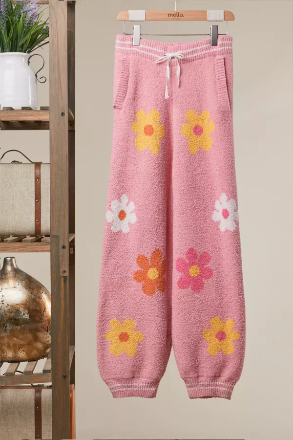 wholesale clothing colorful floral fuzzy knit jogger pants mello