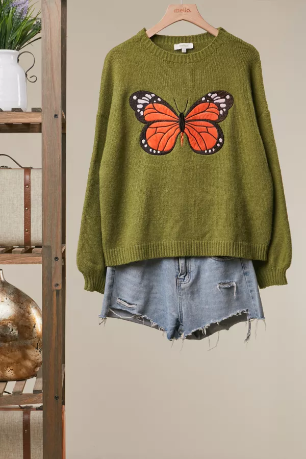 wholesale clothing embroidered butterfly crewneck sweater mello