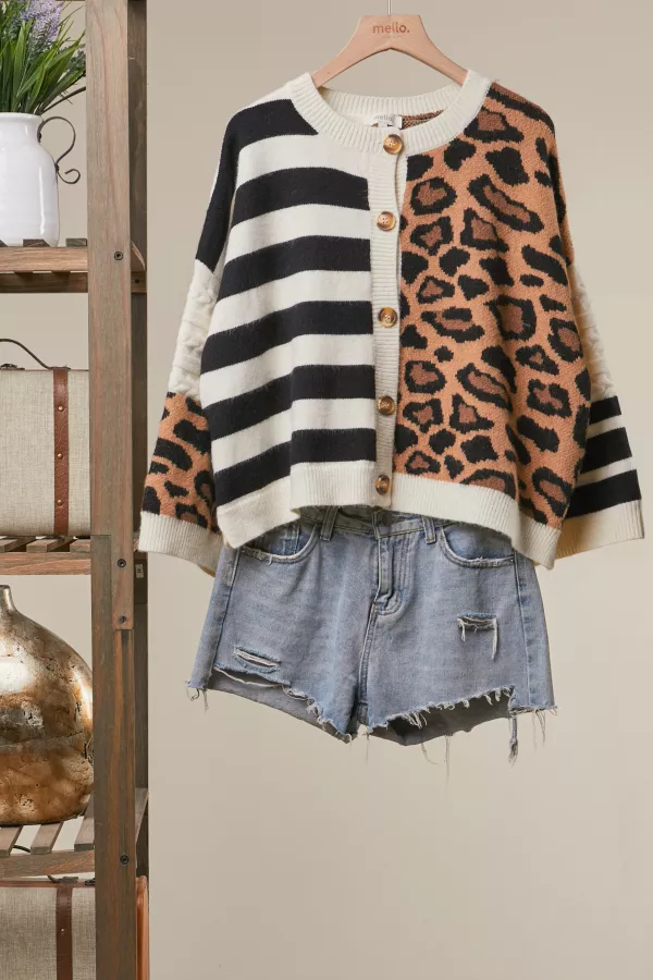 wholesale clothing bold stripe and leopard cardigan mello