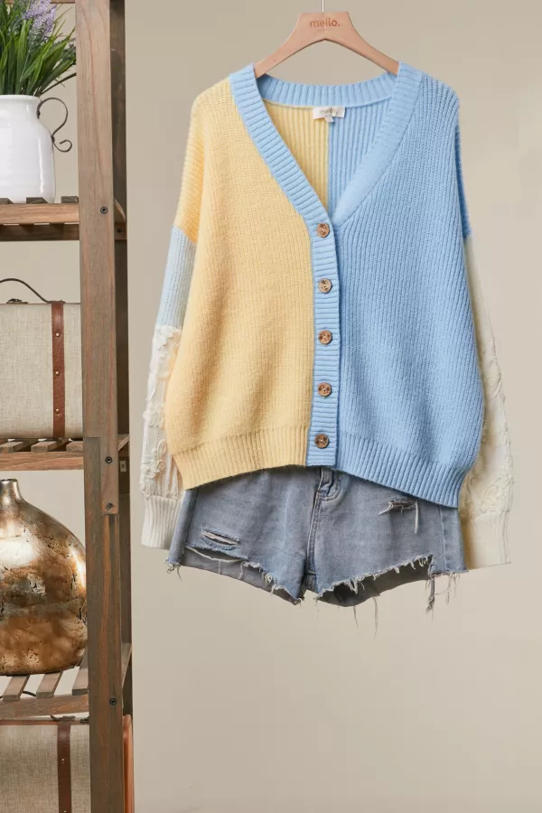 wholesale clothing pastel color block cardigan with lace sleeves mello