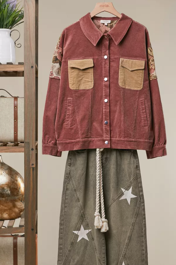 wholesale clothing contrast pocket button-up corduroy jacket mello