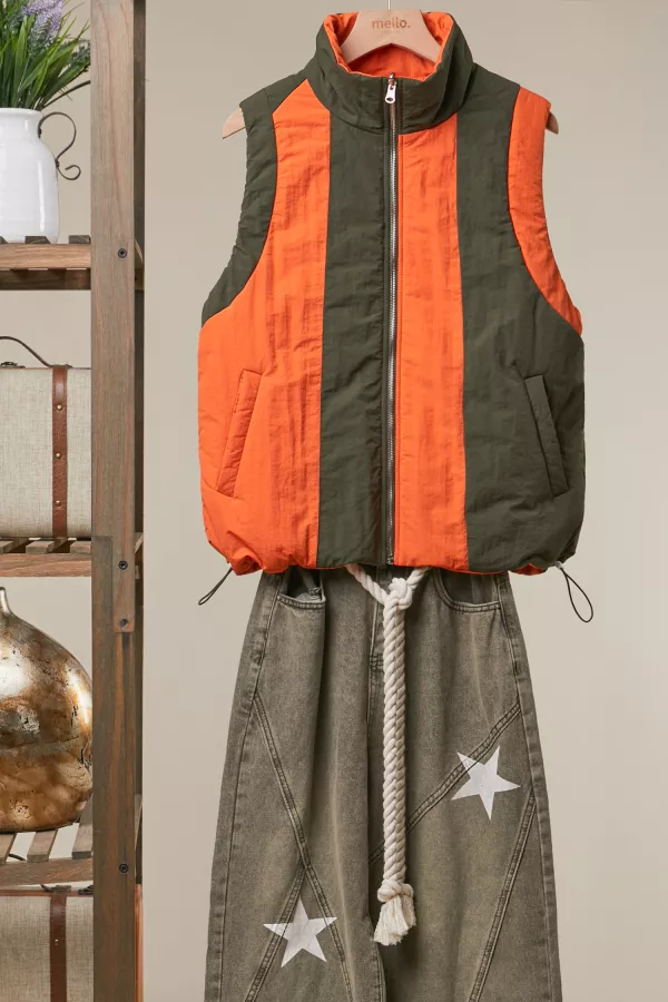 wholesale clothing reversible colorblock puffer vest with zip front mello