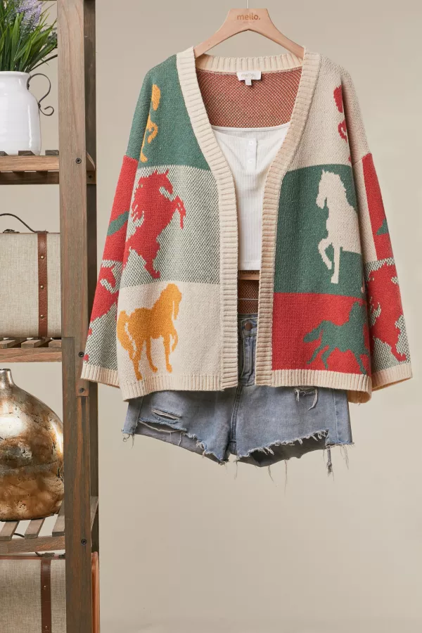 wholesale clothing color block horse print cardigan mello