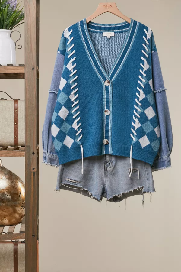 wholesale clothing diamond knit cardigan with denim sleeve accents mello