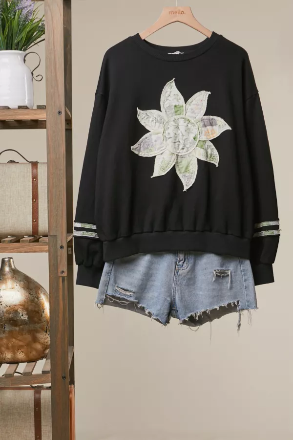 wholesale clothing mixed fabric floral patch sweatshirt mello