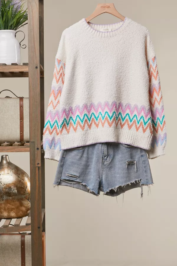 wholesale clothing zigzag intarsia sleeve knit sweater mello