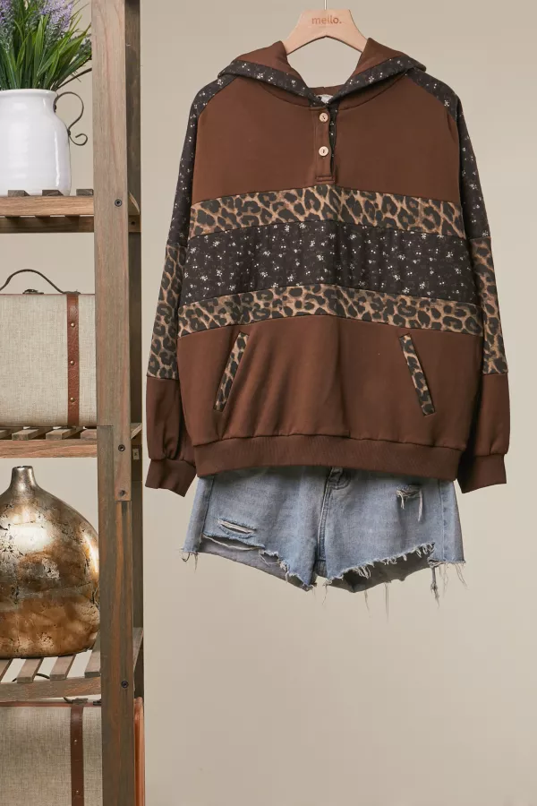 wholesale clothing leopard colorblock detail sweatshirt with hoodie mello