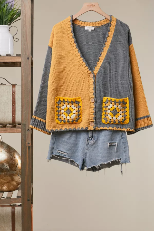 wholesale clothing embroidered front pocket cardigan mello