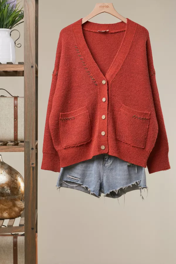 wholesale clothing casual v neck relaxed fit cardigan with pockets mello