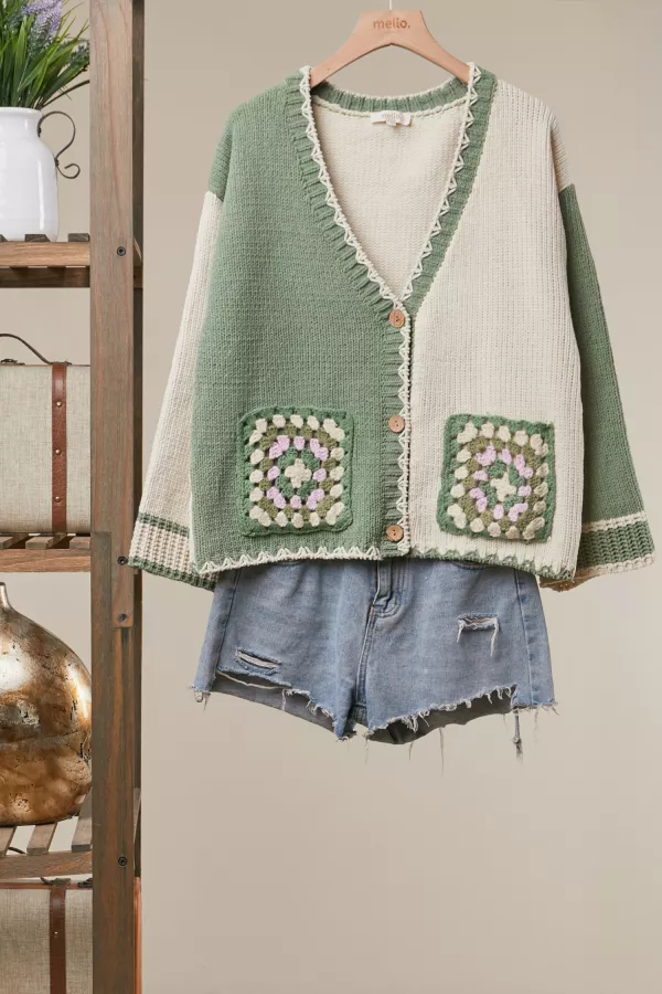 wholesale clothing embroidered front pocket cardigan mello