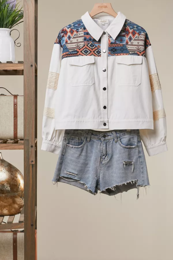 wholesale clothing patchwork button-up denim jacket with lace mello