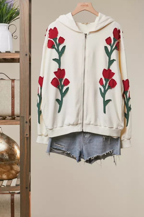 wholesale clothing floral embroidered zip-up hoodie mello