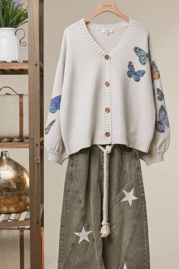 wholesale clothing butterfly print knit cardigan mello