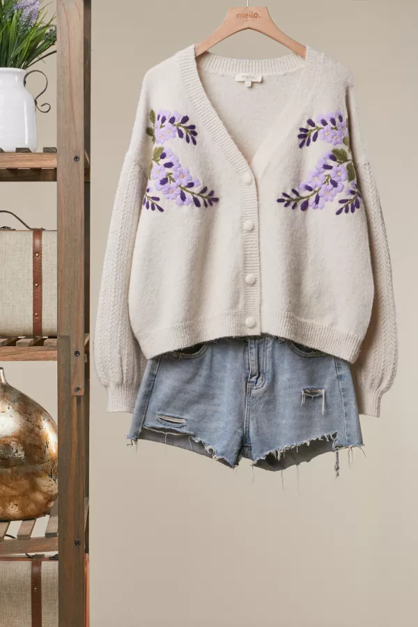 wholesale clothing elegant floral embroidered detail cardigan mello