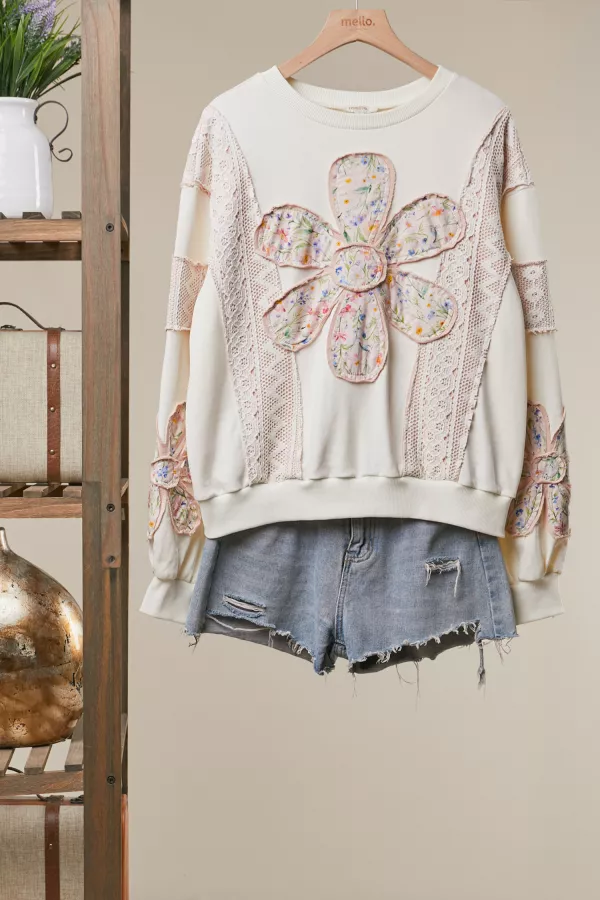 wholesale clothing multi fabric flower patch with lace sweatershirts mello