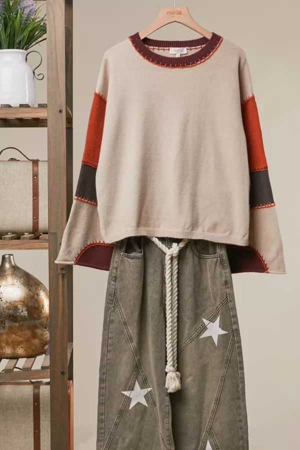wholesale clothing contrast color block bell sleeve sweater mello