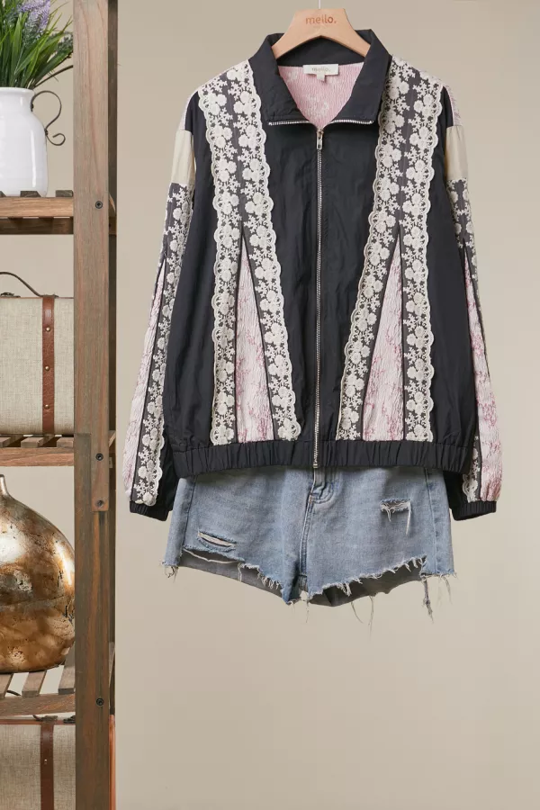 wholesale clothing lace accent knit zip cardigan mello