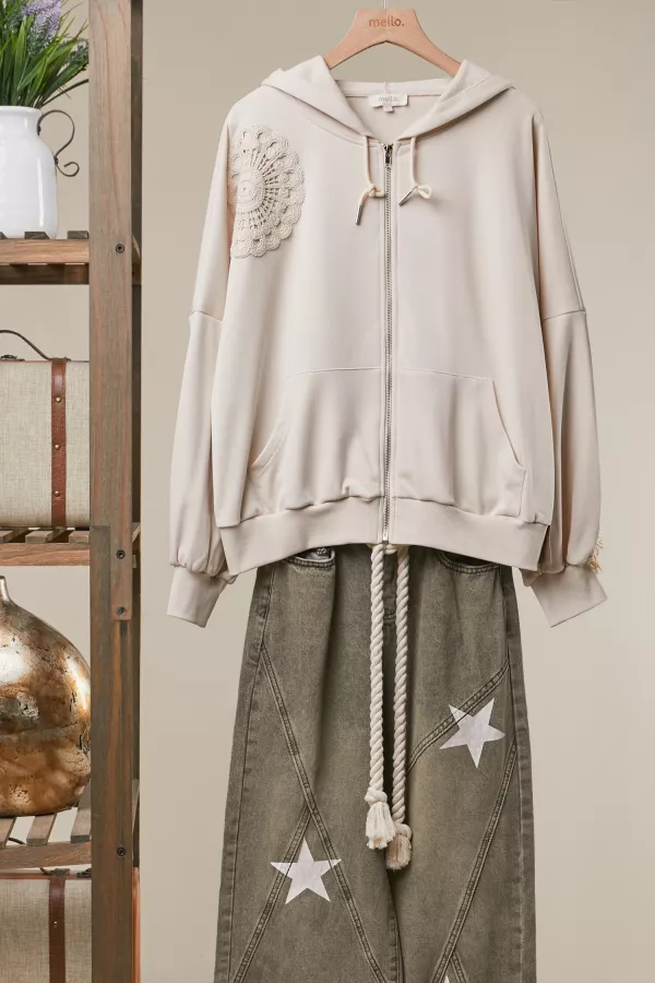 wholesale clothing chic lace trimmed hoodie with crochet accents mello