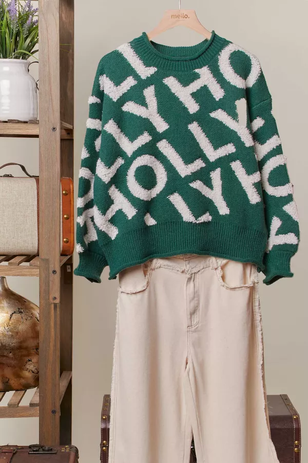 wholesale clothing holly jolly lettering crew neck knit sweater mello