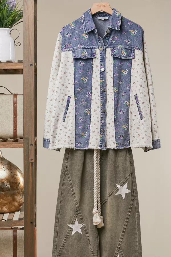 wholesale clothing garden print denim mix shirt mello