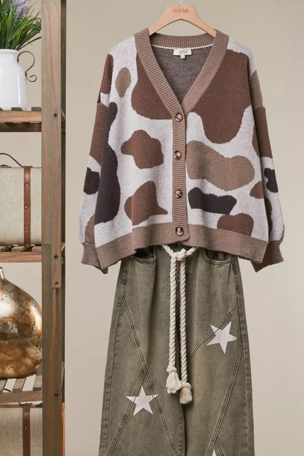 wholesale clothing cow print button-up knit cardigan mello