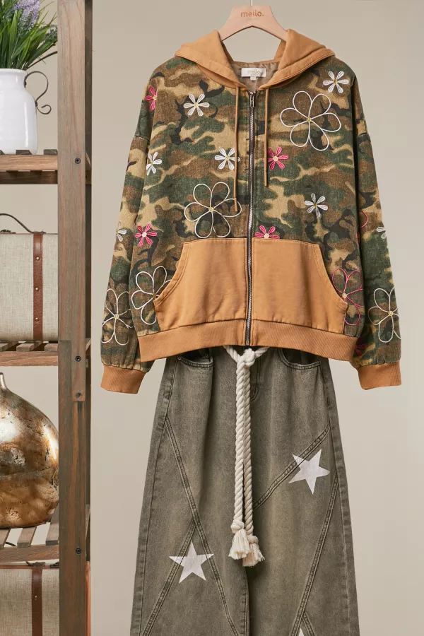 wholesale clothing floral print camo zip-up hoodie mello