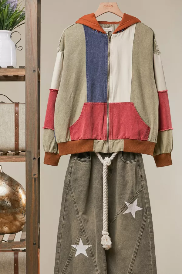 wholesale clothing washed color blcok patchwork hoodie mello
