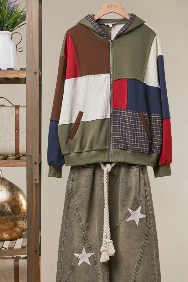 wholesale clothing patchwork color block zip-up hoodie mello