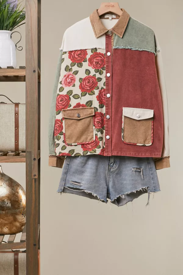 wholesale clothing vintage rose print washed jacket mello