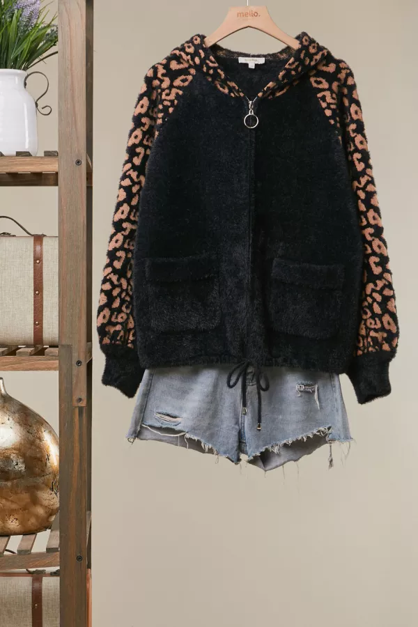 wholesale clothing leopard sleeve sweater hoodie mello