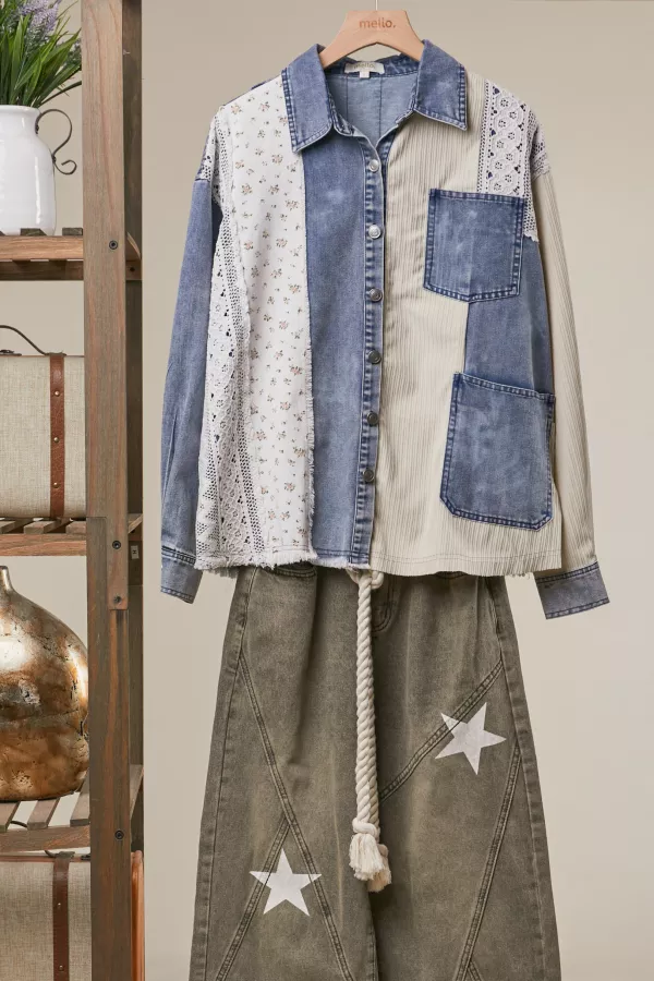 wholesale clothing vintage flower multi fabric denim shirt mello