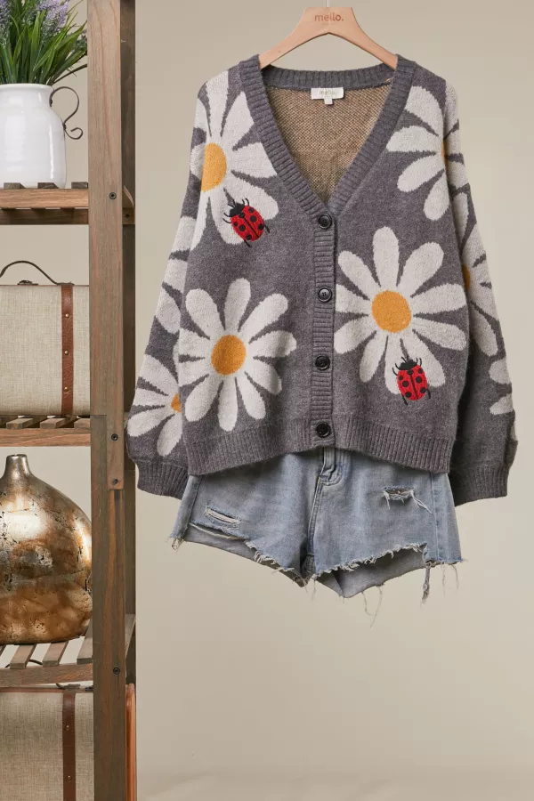 wholesale clothing embroidered ladybug and daisy knit cardigan mello