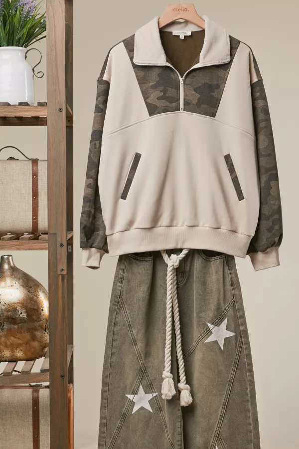 wholesale clothing camo sleeve half-zip hoodie mello