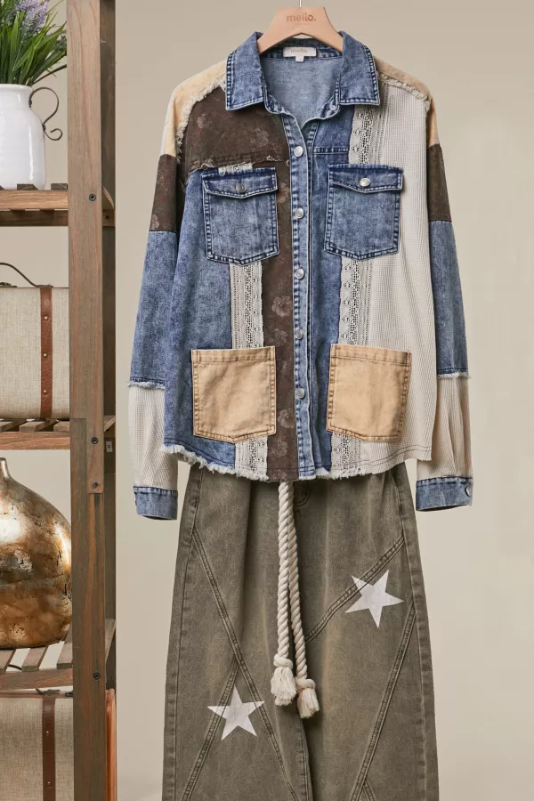 wholesale clothing vintage denim patchwork shirt jacket mello
