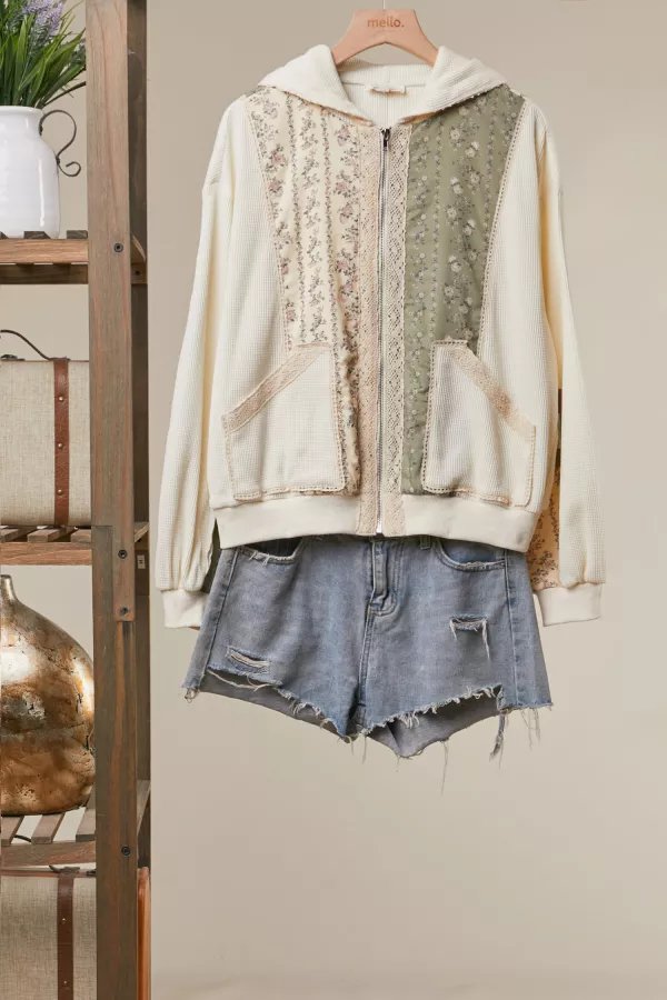 wholesale clothing cottage lace patchwork zip hoodie mello