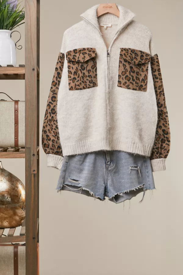 wholesale clothing leopard sleeve quarter-zip pullover mello