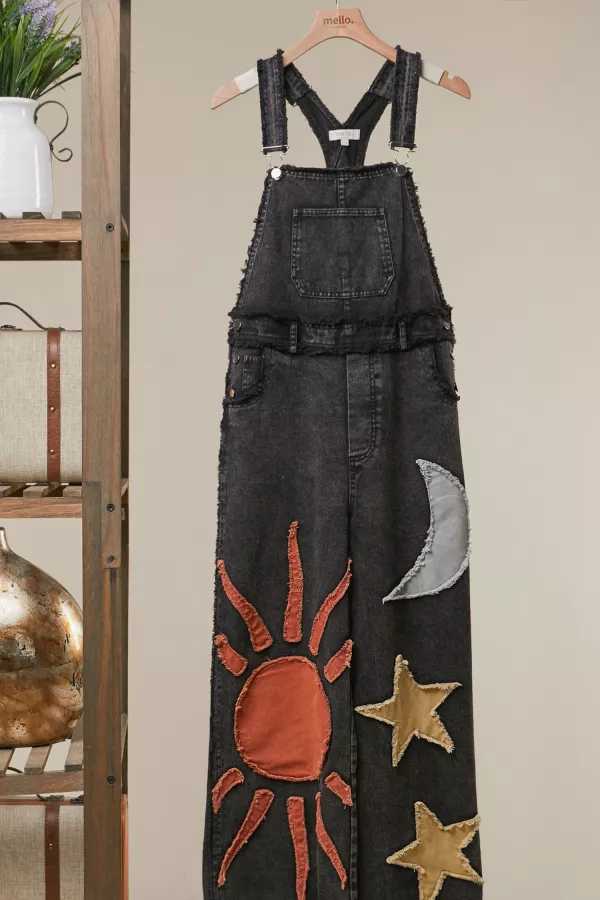wholesale clothing moon and star patchwork overalls mello