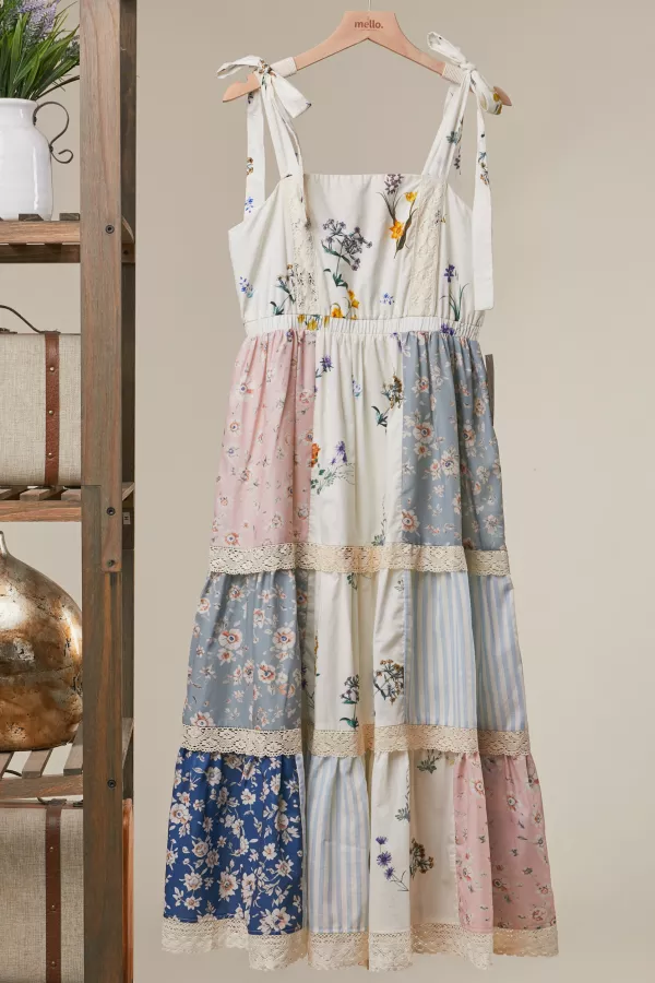 wholesale clothing tie shoulder mixed print maxi dress mello