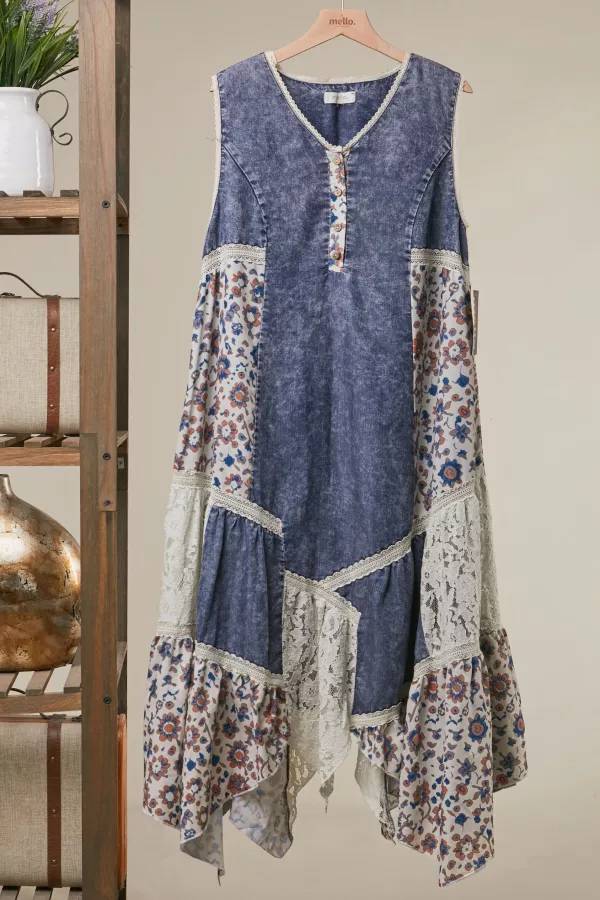 wholesale clothing boho denim floral patchwork maxi dress mello